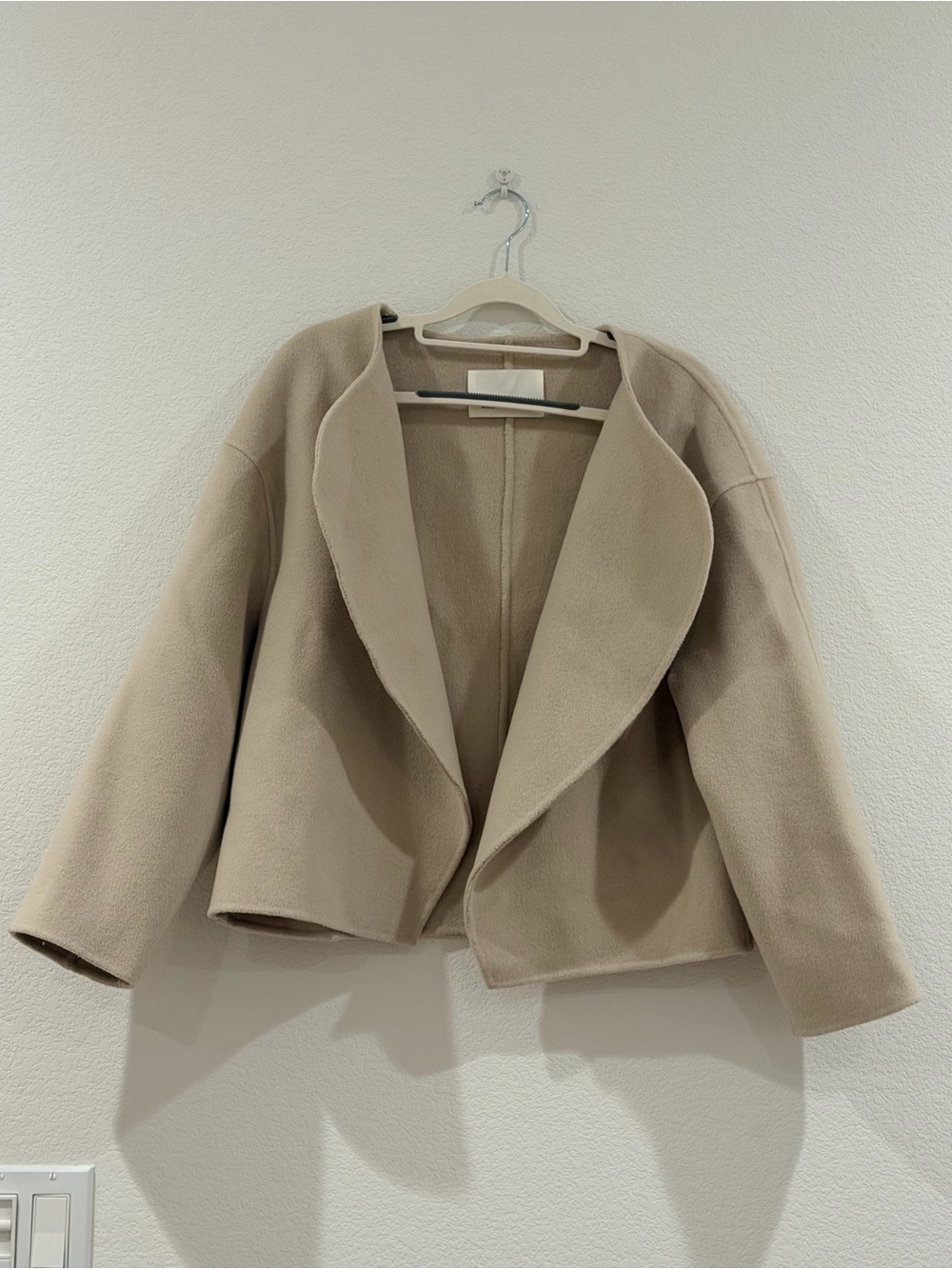 Women's Oat Grey Wool Blend Collarless Open Front Jacket Coat